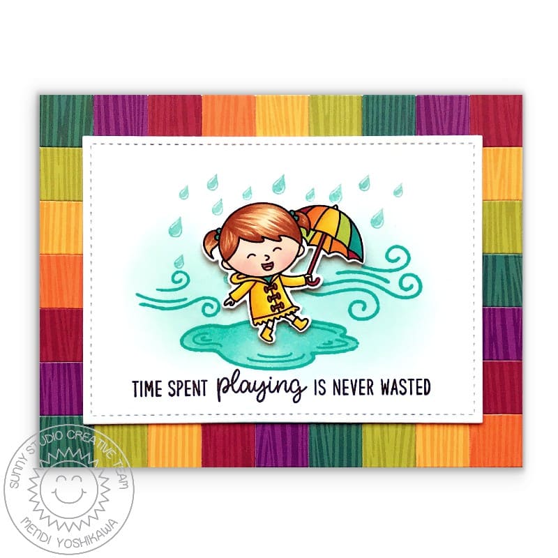 Sunny Studio Stamps Basic Mini Shape Dies Rainy Day Umbrella Card with Partchwork Square border