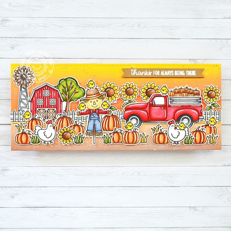 Sunny Studio Scarecrow with Pick-up Truck, Fall Pumpkins & Sunflowers Farm Slimline Card using Truckloads of Love Stamps