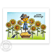Sunny Studio Fall Scarecrow with Crows & Sunflowers Flowers Autumn Blessings Card using Farm Fresh Clear Craft Stamps