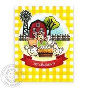 Sunny Studio Stamps Yellow Buffalo Plaid Chickens, Duck, Goat & Barn Fall Farm Card using Diagonal & Straight Stripes Stencil