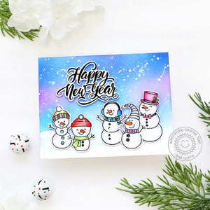 Sunny Studio 5 Snowmen Snowman Happy New Year Winter Holiday Card using Feeling Frosty 4x6 Clear Stamps