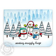 Sunny Studio Sending Snuggly Hugs Snowmen Glitter Trees Winter Holiday Christmas Card using Feeling Frosty Clear Craft Stamps