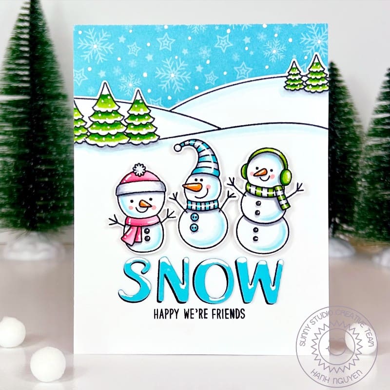 Sunny Studio Snow Happy We're Friends Snowmen Handmade Winter Holiday Christmas Card using Feeling Frosty Clear Craft Stamps
