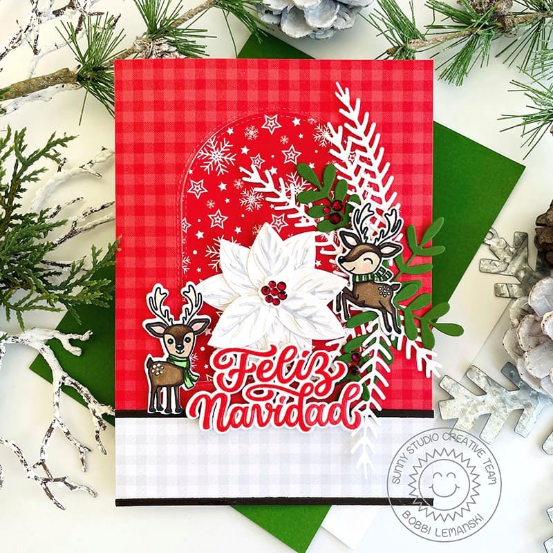 Sunny Studio Red Snowflake & White Poinsettia Spanish Holiday Christmas Card using Reindeer Games 4x6 Clear Stamps