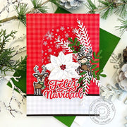 Sunny Studio Red & White Snowflake, Poinsettia & Reindeer Spanish Holiday Christmas Card using Feliz Navidad 2x3 Clear Stamp