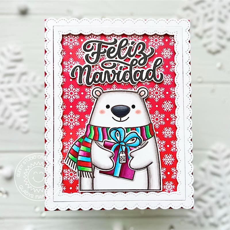 Sunny Studio Red Snowflake Polar Bear with Holiday Gift Scalloped Spanish Christmas Card using Feliz Navidad 2x3 Clear Stamp