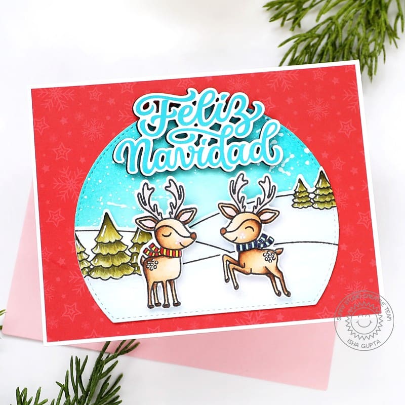Sunny Studio Leaping Reindeer Snowy Scene Spanish Holiday Christmas Card using Feliz Navidad 2x3 Sentiment Clear Stamps