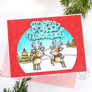 Sunny Studio Leaping Reindeer Snowy Scene Spanish Feliz Navidad Holiday Christmas Card using Reindeer Games 4x6 Clear Stamps