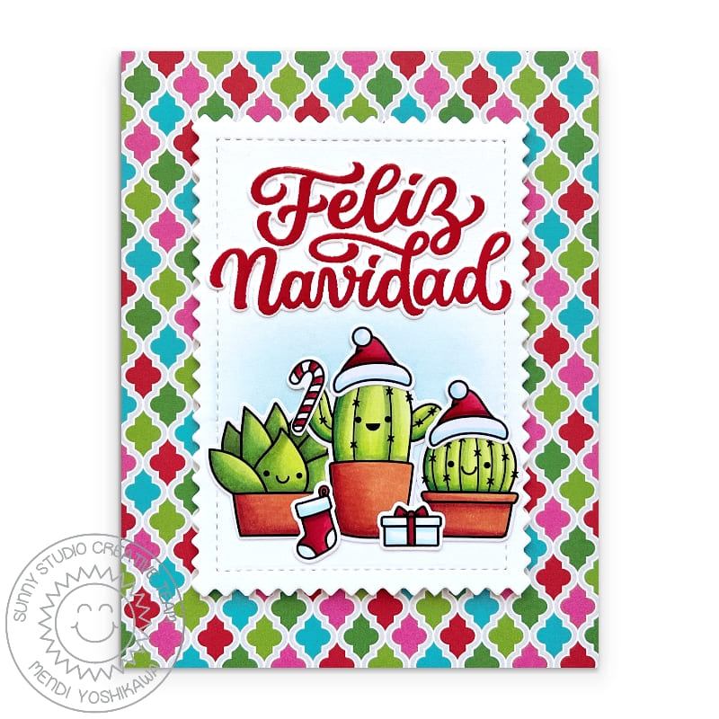 Sunny Studio Cactus Wearing Santa Hat Spanish Feliz Navidad Holiday Christmas Card using Looking Sharp Clear Stamps