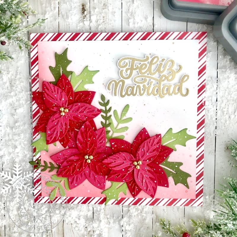 Sunny Studio Floral Poinsettia Candy Cane Striped Spanish Holiday Christmas Card using Feliz Navidad Sentiment Clear Stamps