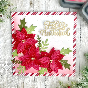 Sunny Studio Stamps Feliz Navidad Floral Striped Spanish Holiday Christmas Card using Pristine Poinsettia Metal Cutting Dies