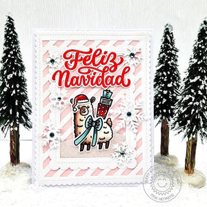 Sunny Studio Feliz Navidad Alpaca with Gifts & Snowflakes Pink Striped Holiday Christmas Card using Lovable Llama Stamps
