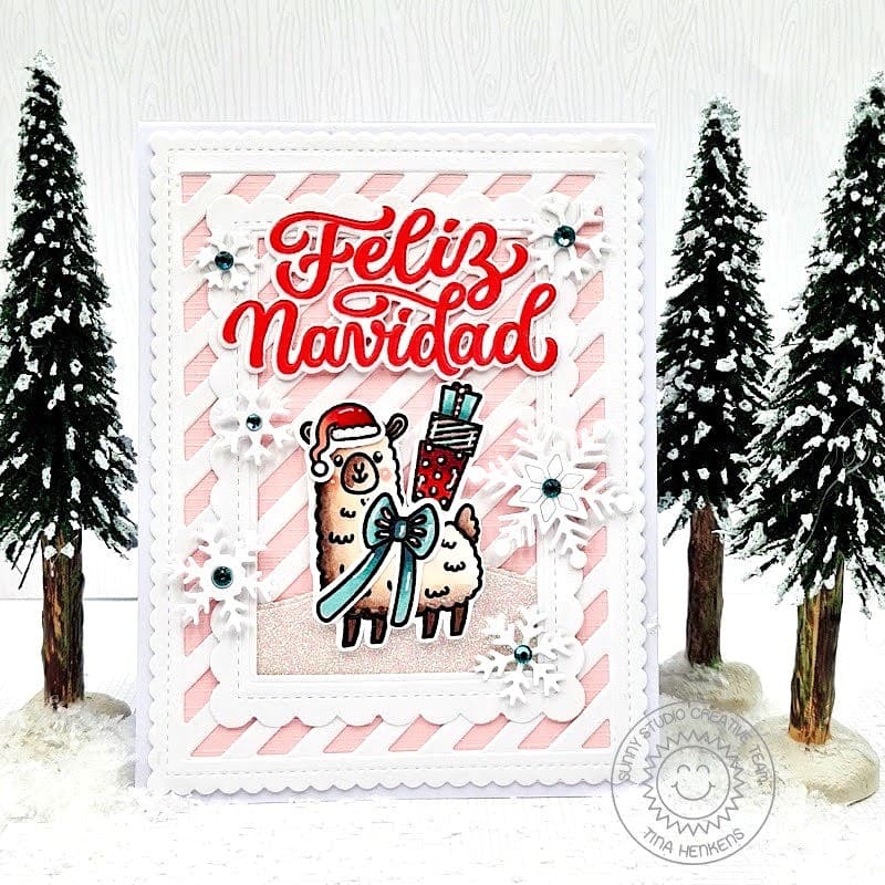 Sunny Studio Feliz Navidad Alpaca Llama with Gifts & Snowflakes Pink Striped Winter Holiday Spanish Christmas Card