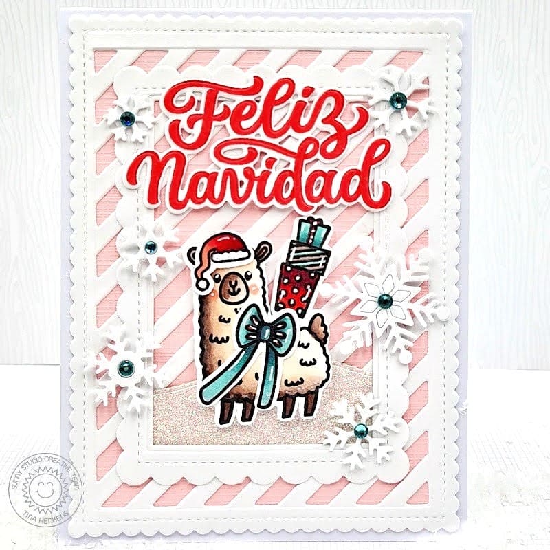 Sunny Studio Stamps Pink Alpaca Spanish Holiday Christmas Card using Frilly Frames Stripes Striped Cutting Die