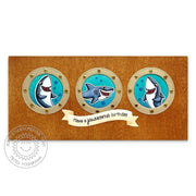 Sunny Studio Stamps Sharks in Portholes Have a Jawsome Birthday Summer Slimline Card using Brilliant Banner 3 Metal Craft Die
