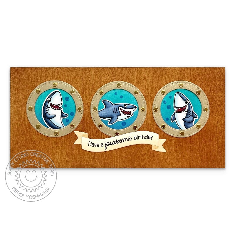Sunny Studio Stamps Sharks in Portholes Have a Jawsome Birthday Summer Slimline Card using Brilliant Banner 3 Metal Craft Die