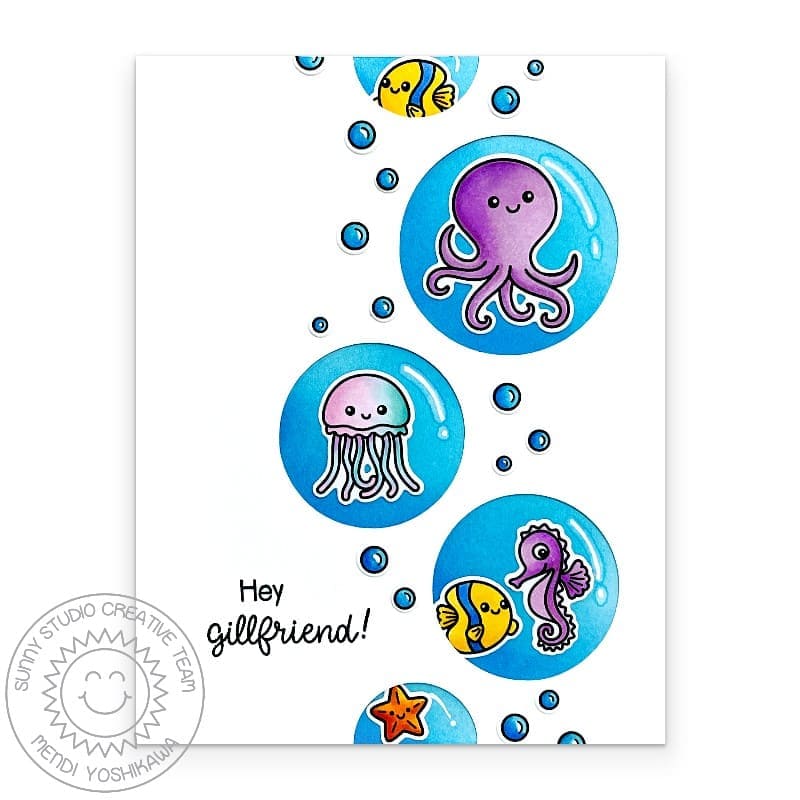 Sunny Studio Octopus, Seahorse, Jellyfish, & Fish in Bubbles Summer Ocean Card using Fintastic Friends 4x6 Clear Craft Stamps