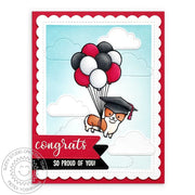 Sunny Studio Corgi Dog Floating with Balloon Bouquet Red, Black & White Graduation Card (featuring Floating By Stamps)