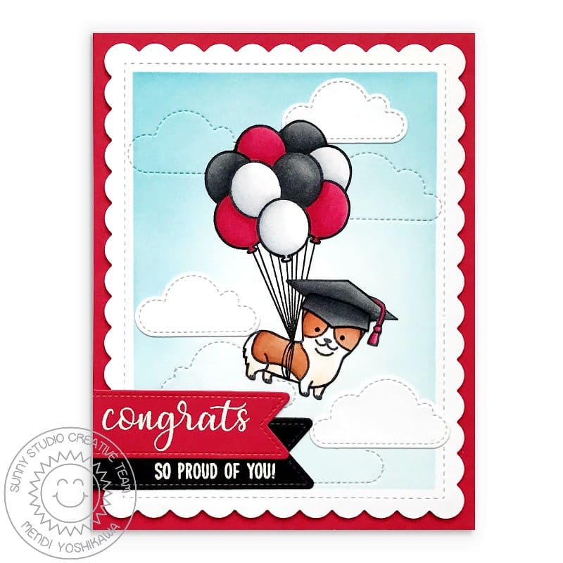 Sunny Studio Corgi Dog Floating with Balloon Bouquet Red, Black & White Graduation Card (featuring Floating By Stamps)