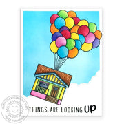 Sunny Studio House Floating with Balloons In Clouds Up Inspired Handmade Encouragement Card (featuring Floating By Stamps)