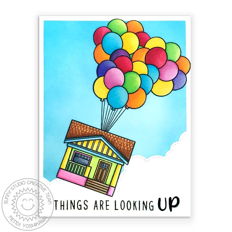 Sunny Studio House Floating with Balloons In Clouds Up Inspired Handmade Encouragement Card (featuring Floating By Stamps)
