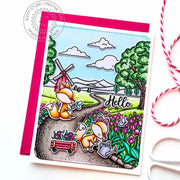 Sunny Studio Fox Gardening Spring Tulips Hello Card using Tulip Path Background 6x6 Clear Photopolymer Craft Stamps