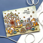 Sunny Studio Fall Fox with Falling Leaves, Tree & Wagon Punny Foxtastic Friend Card using Foxy Friends Clear Craft Stamps