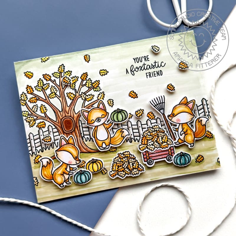 Sunny Studio Fall Fox with Falling Leaves, Tree & Wagon Punny Foxtastic Friend Card using Foxy Friends Clear Craft Stamps