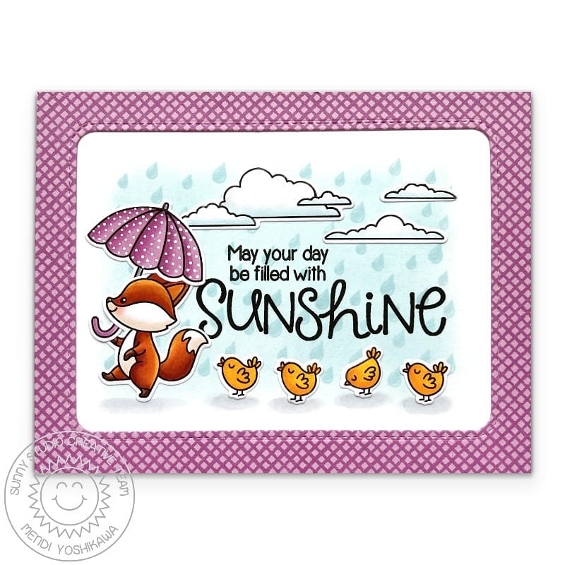 Sunny Studio Fox & Chicks with Polka-dot Umbrella Rainy Day Spring Encouragement Card using Foxy Friends Clear Craft Stamps