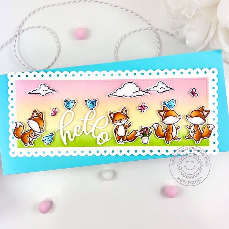 Sunny Studio Fox with Birds, Flowers, & Pastel Pink Sky Spring Hello Slimline Card using Foxy Friends 4x6 Clear Craft Stamps