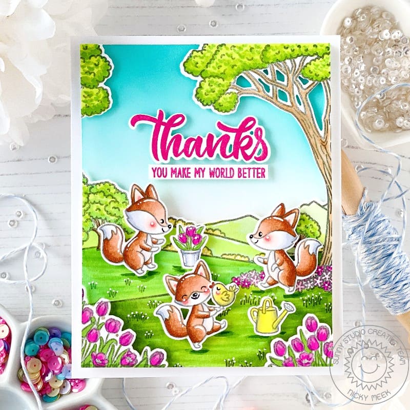 Sunny Studio Fox & Tulips Spring Garden Thank You For Making My World Better Card using Big Bold Greetings Clear Craft Stamps