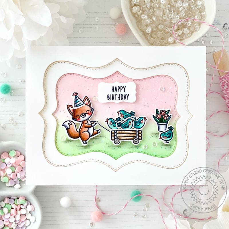 Sunny Studio Fox Pulling Blue Birds in Wagon Spring Birthday Day Card using Foxy Friends 4x6 Clear Photopolymer Craft Stamps
