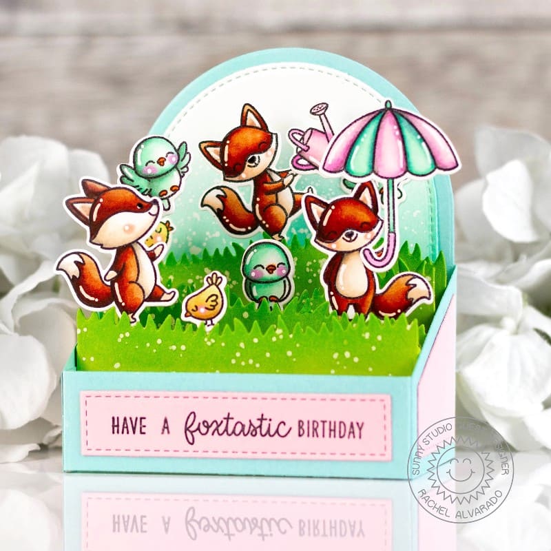 Sunny Studio Fox with Umbrella 3D Pop-up Box Foxtastic Punny Spring Birthday Card using Foxy Friends 4x6 Clear Craft Stamps