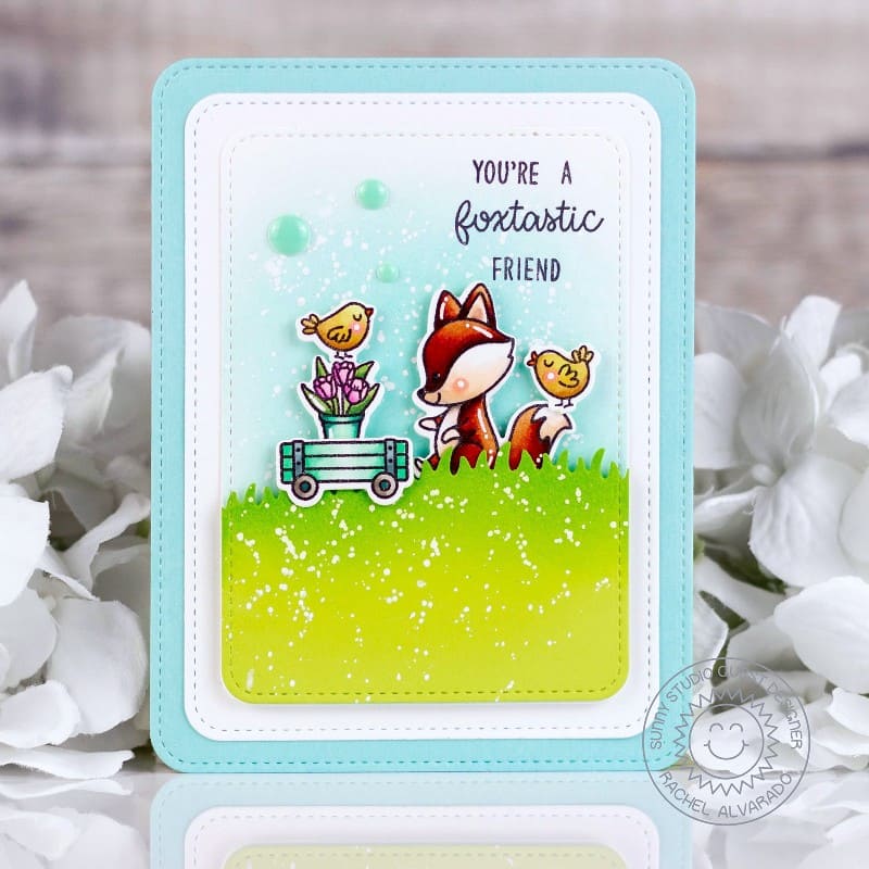 Sunny Studio You're A Foxtastic Friend Fox, Birds, & Wagon in Grass Spring Card using Foxy Friends Clear Craft Stamps & Dies