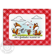 Sunny Studio Red Gingham Fox Gardening Punny Foxtastic Valentine's Day Spring Card using Foxy Friends Clear Craft Stamps