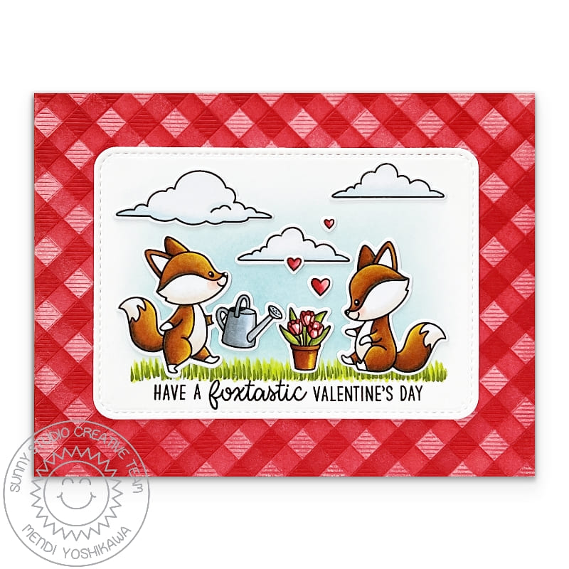 Sunny Studio Red Gingham Fox Gardening Punny Foxtastic Valentine's Day Spring Card using Foxy Friends Clear Craft Stamps