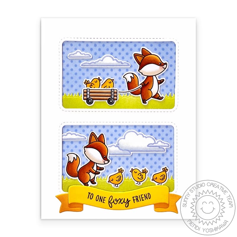 Sunny Studio To One Foxy Friend Fox with Chicks in Wagon Stiched Window Spring Card using Foxy Friends Clear Craft Stamps