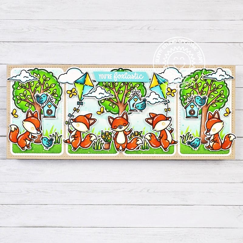 Sunny Studio Foxtastic Fox with Birds Flying Kites Punny Spring Slimline Card using Foxy Friends Clear Craft Stamps & Dies