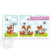 Sunny Studio Mini Slimline with Three Rounded Rectangle Fox Spring Scenes Sister Card using Foxy Friends Clear Craft Stamps