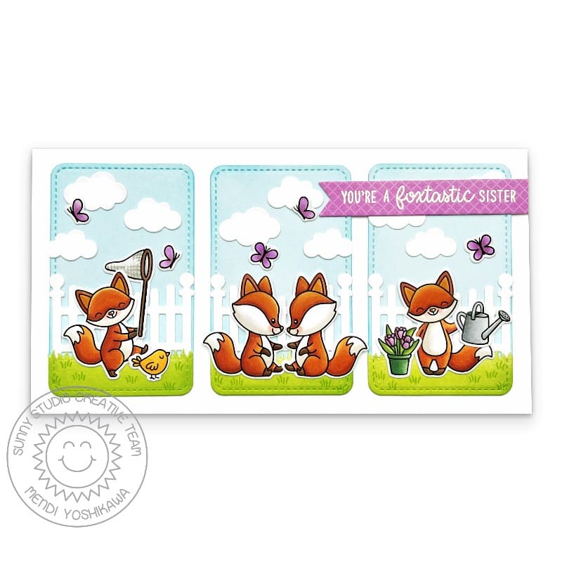 Sunny Studio Mini Slimline with Three Rounded Rectangle Fox Spring Scenes Sister Card using Foxy Friends Clear Craft Stamps