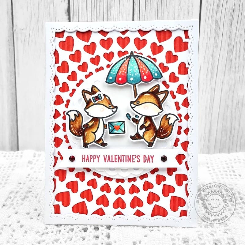 Sunny Studio Fox Red Bursting Heart Love-Themed Valentine's Day Card using Foxy Friends 4x6 Clear Photopolymer Craft Stamps