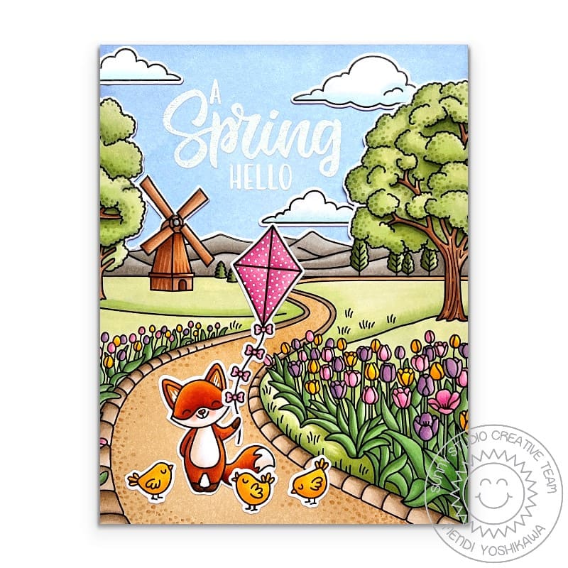Sunny Studio Fox & Chicks Flying Kite with Tulip Flower Fields Spring Hello Card using Foxy Friends Clear Craft Stamps