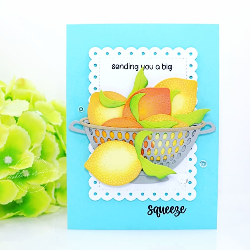 Sunny Studio Stamps Sending You A Big Squeeze Lemons in Strainer Summer Card using Build-a-Bowl Metal Cutting Craft Dies