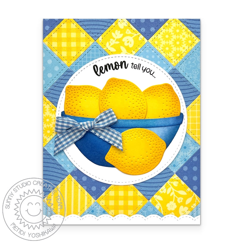 Sunny Studio Stamps Lemon Tell You Lemons Blue Patchwork Punny Summer Card using Build-A-Bowl Metal Cutting Craft Dies