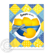 Sunny Studio Punny Lemon Tell You Lemons in Blue Bowl Patchwork Summer Card using Punny Fruit Greetings Clear Craft Stamps