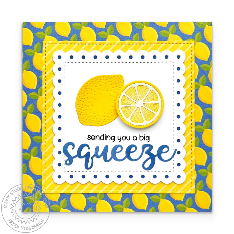 Sunny Studio Stamps Sending You A Big Squeeze Lemon Puns Punny Summer Card using Stitched Square Metal Cutting Craft Dies