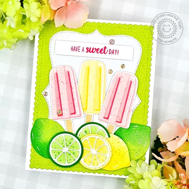 Sunny Studio Stamps Have A Sweet Day Lemon Lime Fruit Popsicle Summer Card using Limitless Labels Metal Cutting Craft Dies