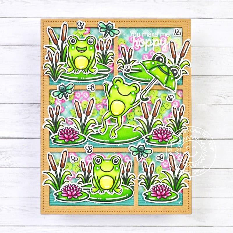 Sunny Studio Leaping Frogs, Lily Pads, Flowers & Cattails Shaker Card by Marine Simon using Froggy Friends Clear Craft Stamps
