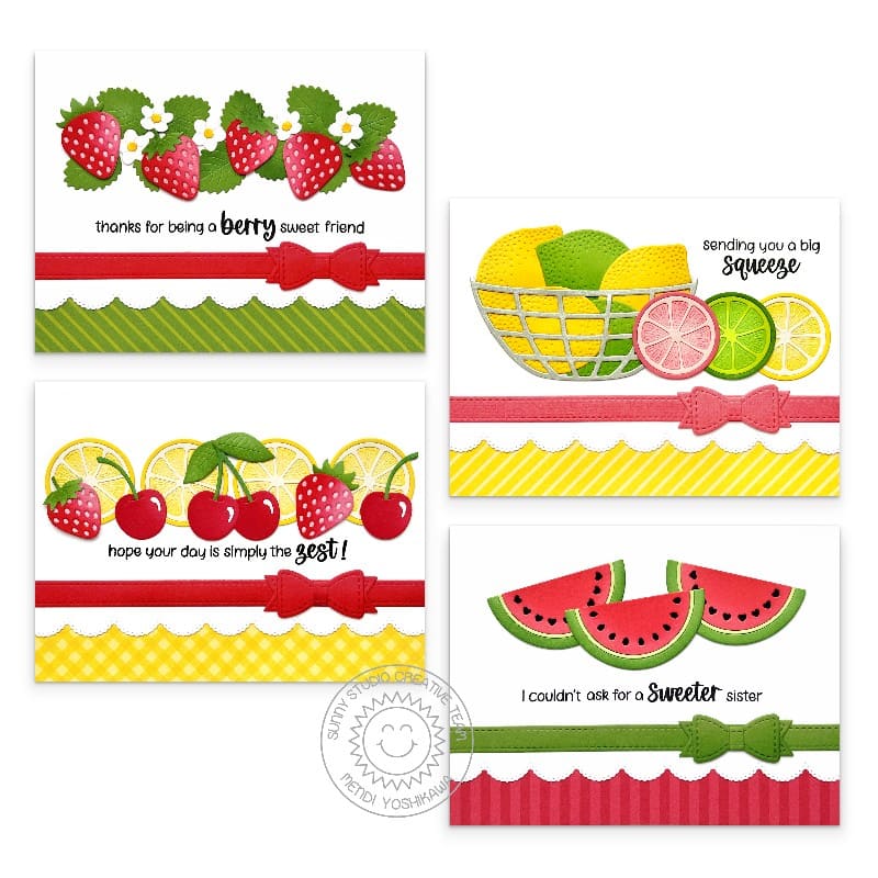 Sunny Studio Strawberries, Lemons, Cherries & Watermelon Handmade Summer Cards using Punny Fruit Greetings Clear Craft Stamps