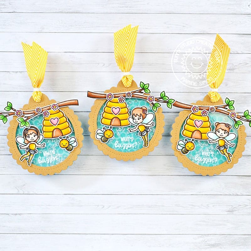 Sunny Studio Stamps Honey Bee Bumblebee Fairy with Beehive Shaker Gift Tags using Scalloped Circle Tag Metal Craft Dies